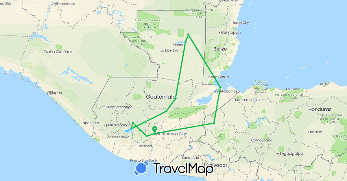 TravelMap itinerary: driving, bus, boat in Guatemala, Honduras (North America)